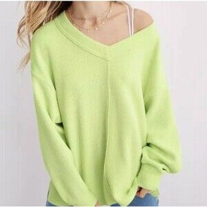 Aerie Wonder Textured V-Neck Sweatshirt Green Waffle Knit Oversized Women M EUC